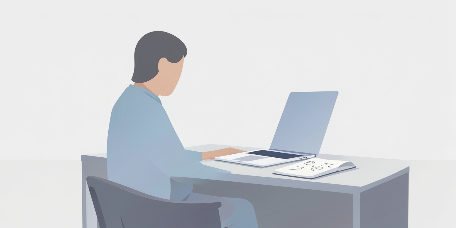 A person working at a desk with a computer and notebook