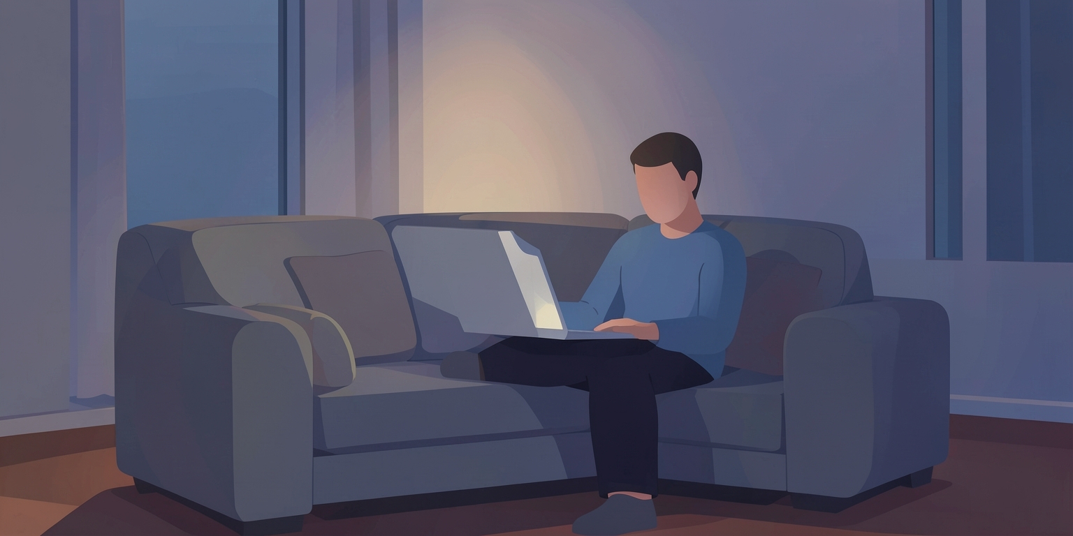 A person using a laptop in a home environment at night